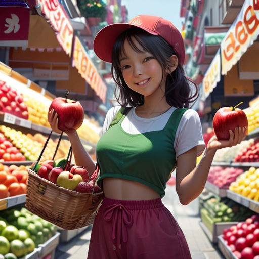 a woman holding two apples in a market with other fruits in the background and a basket of apples in the foreground