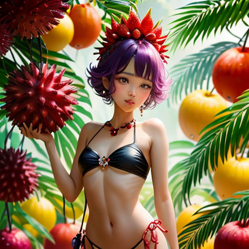 a woman in a bikini standing in a tropical setting with fruit hanging from her head and palm trees in the background
