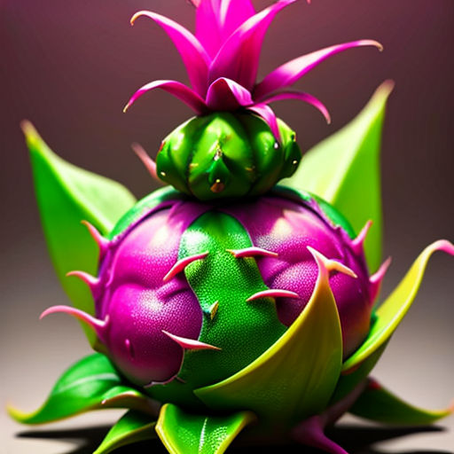 a purple and green flower with leaves on it's head and a green stem on top of it