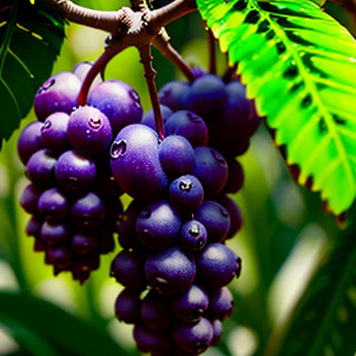 a bunch of grapes hanging from a tree branch with leaves around them and a green leaf on the branch