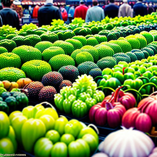 a large display of fruits and vegetables in a market place with people walking around them and a large display of them