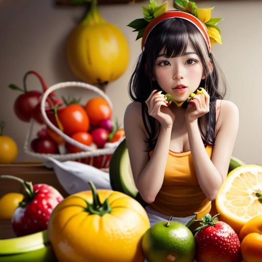 a girl is standing in front of a table of fruits and vegetables, with a bowl of fruit in the background