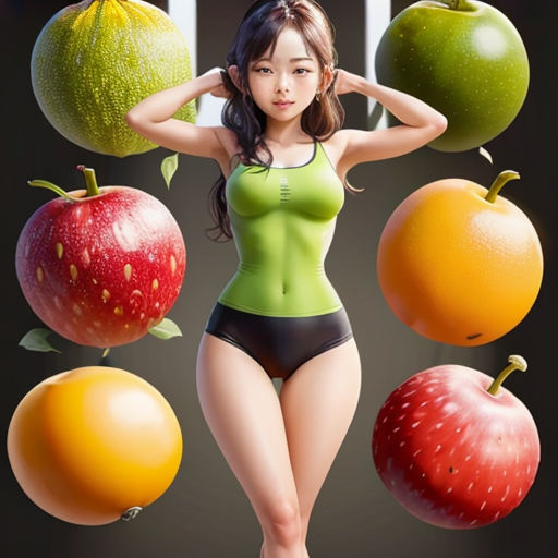a woman in a green top and black shorts surrounded by fruit and vegetables, with a black background and a black backdrop