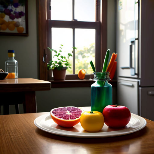 a plate with a jar of fruit and vegetables on it, and a glass of water on the table