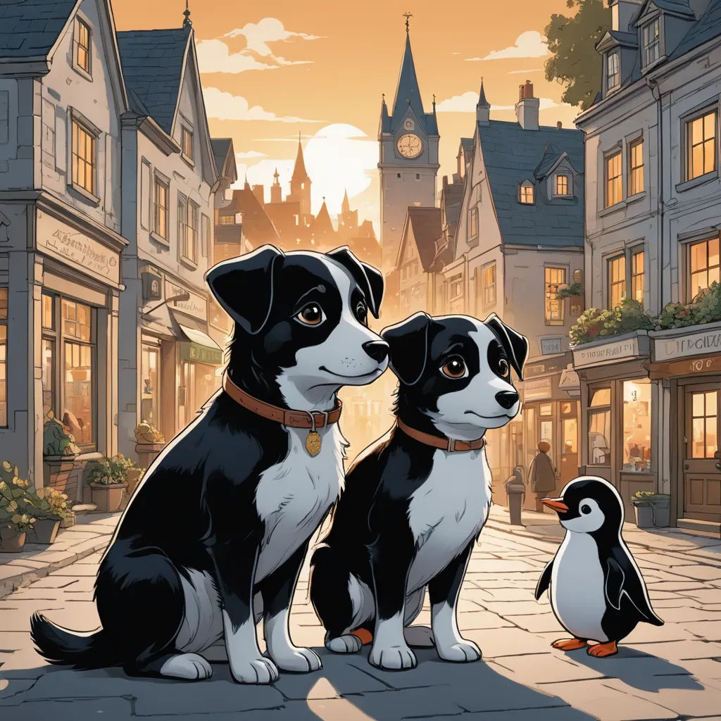 a couple of dogs sitting next to a penguin on a street near a building with a clock tower in the background, furry art, a storybook illustration, Colin Middleton, comic cover art