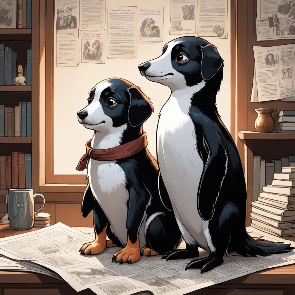 a couple of dogs sitting on top of a table next to a book shelf filled with books and papers, furry art, a storybook illustration, Anson Maddocks, comic cover art