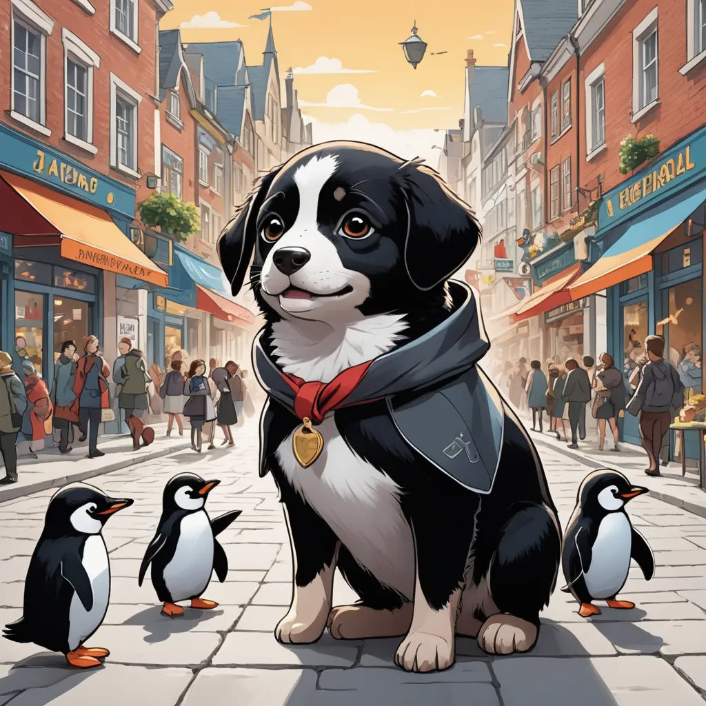 a dog sitting on a sidewalk next to a penguin and a penguinling on the sidewalk in front of a building, furry art, a storybook illustration, Chris LaBrooy, official art