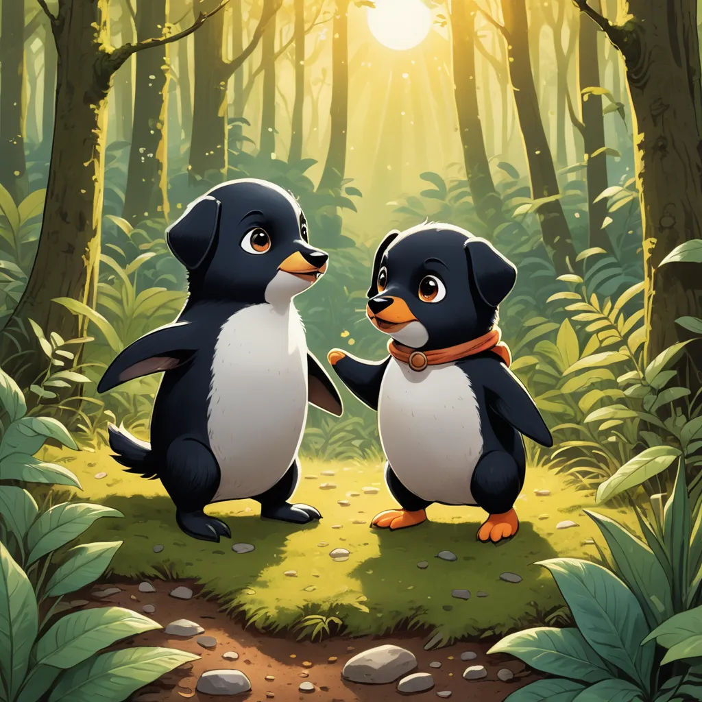 two penguins standing in the middle of a forest with sunlight shining through the trees and leaves on the ground, sots art, a storybook illustration, Chris LaBrooy, official art