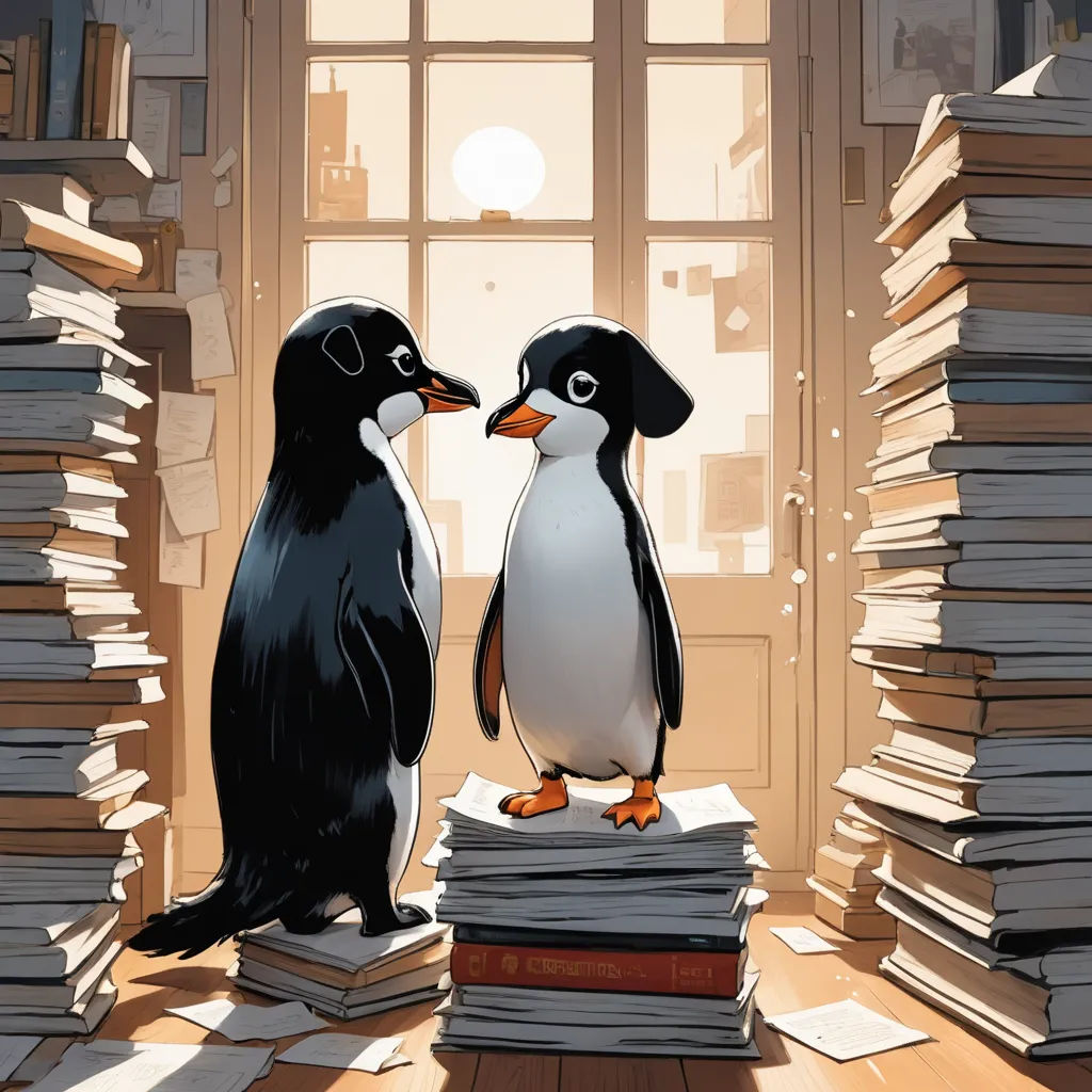 two penguins standing on top of a pile of books in a room with a window and a stack of books, art & language, a storybook illustration, Chris LaBrooy, official art