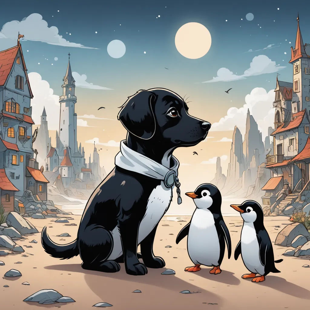 a dog and a penguin are sitting on the ground in front of a castle with a full moon in the sky, serial art, a storybook illustration, Cliff Childs, storybook illustration
