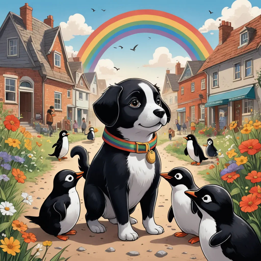 a dog is surrounded by penguins in a garden with a rainbow in the background and a house with a rainbow in the sky, naive art, a storybook illustration, Cliff Childs, key art