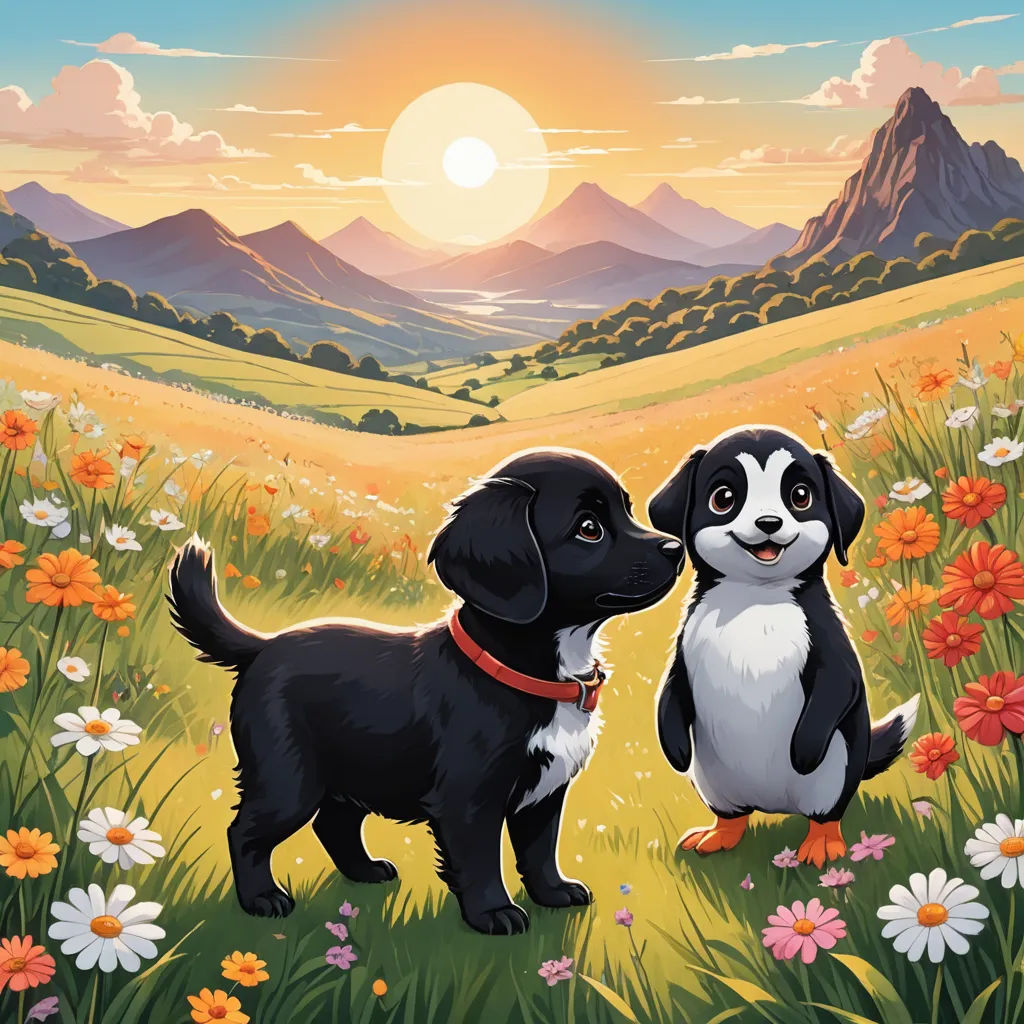 a painting of two dogs in a field of flowers with a mountain in the background and a sun setting, naive art, a storybook illustration, Chris LaBrooy, key art