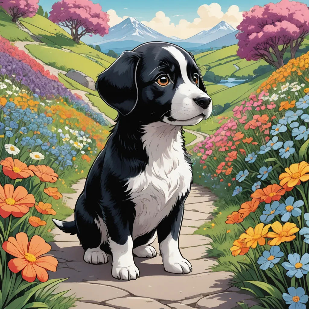 a black and white dog sitting on a path in a field of flowers and flowers with mountains in the background, american scene painting, a comic book panel, Chris LaBrooy, official art