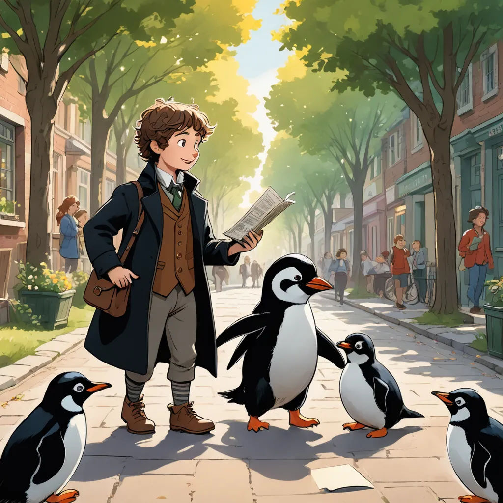 a man standing next to a group of penguins on a street next to a building and trees with people walking by, furry art, a storybook illustration, David Brewster, official art