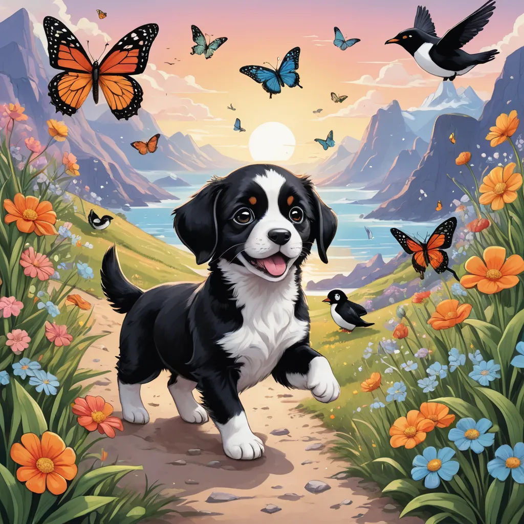 a black and white dog standing on a dirt road next to flowers and butterflies with a sunset in the background, naive art, a storybook illustration, David Brewster, highly detailed digital art