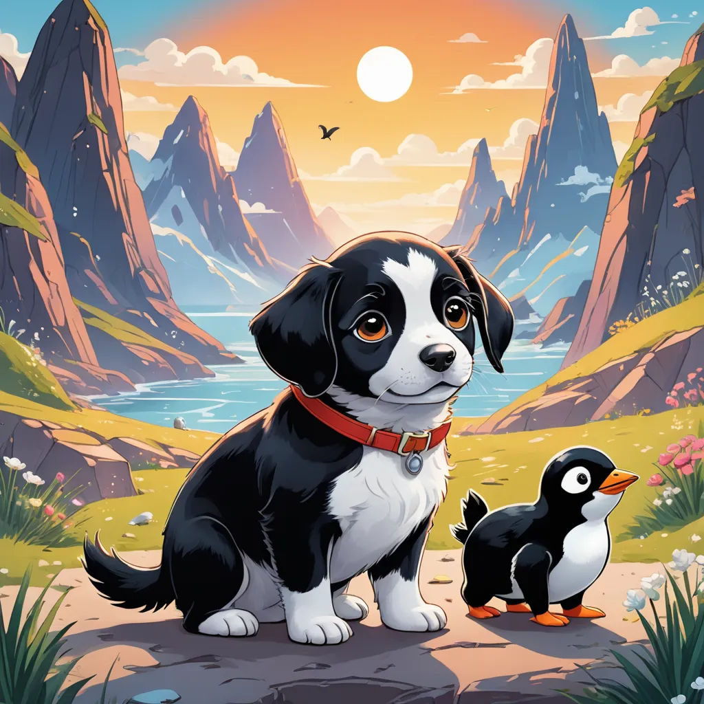 a dog and a penguin are sitting on a rock by a mountain lake and a sunset is in the background, lyco art, a storybook illustration, Daphne McClure, comic cover art