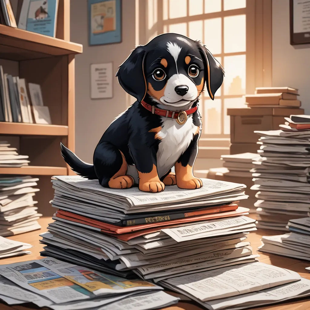 a dog sitting on top of a pile of papers in a room with a window and a bookcase, private press, a storybook illustration, Chris LaBrooy, storybook illustration