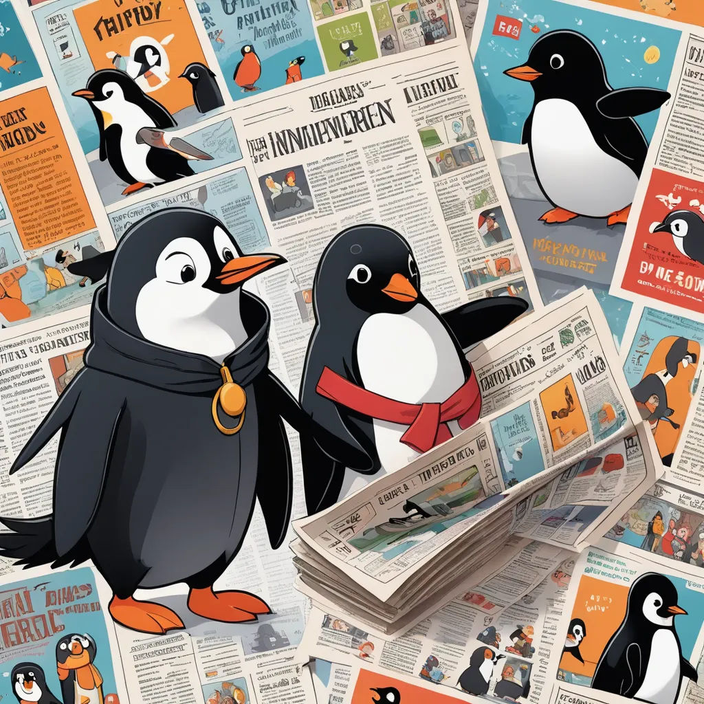 a bunch of penguins that are standing on a newspaper page with a penguin on it's back and a penguin on its neck, private press, a storybook illustration, Bernd Fasching, comic cover art