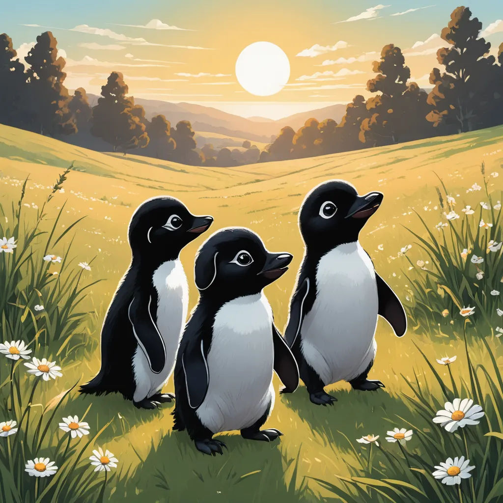 two penguins are standing in a field of daisies and daisies are in the foreground and the sun is in the background, american scene painting, a storybook illustration, Cliff Childs, official art