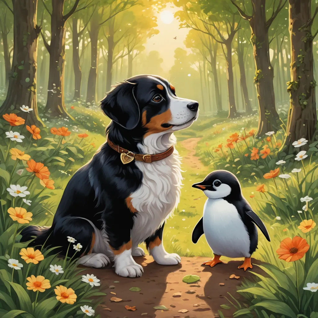 a dog and a penguin are sitting in the woods together, with a sun shining through the trees behind them, sots art, a storybook illustration, Chris LaBrooy, official art