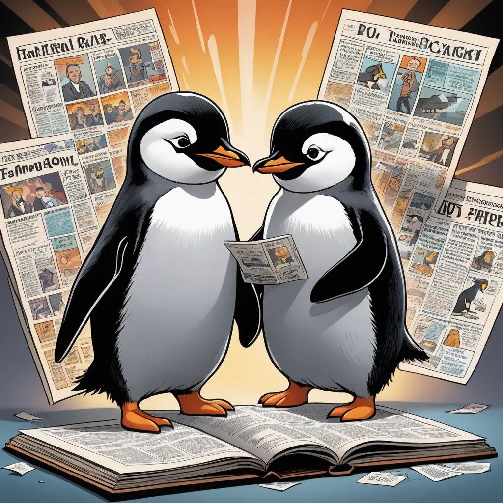 two penguins are standing on a newspaper and facing each other with their eyes open and one penguin is holding a newspaper, private press, a storybook illustration, Colin Middleton, comic cover art