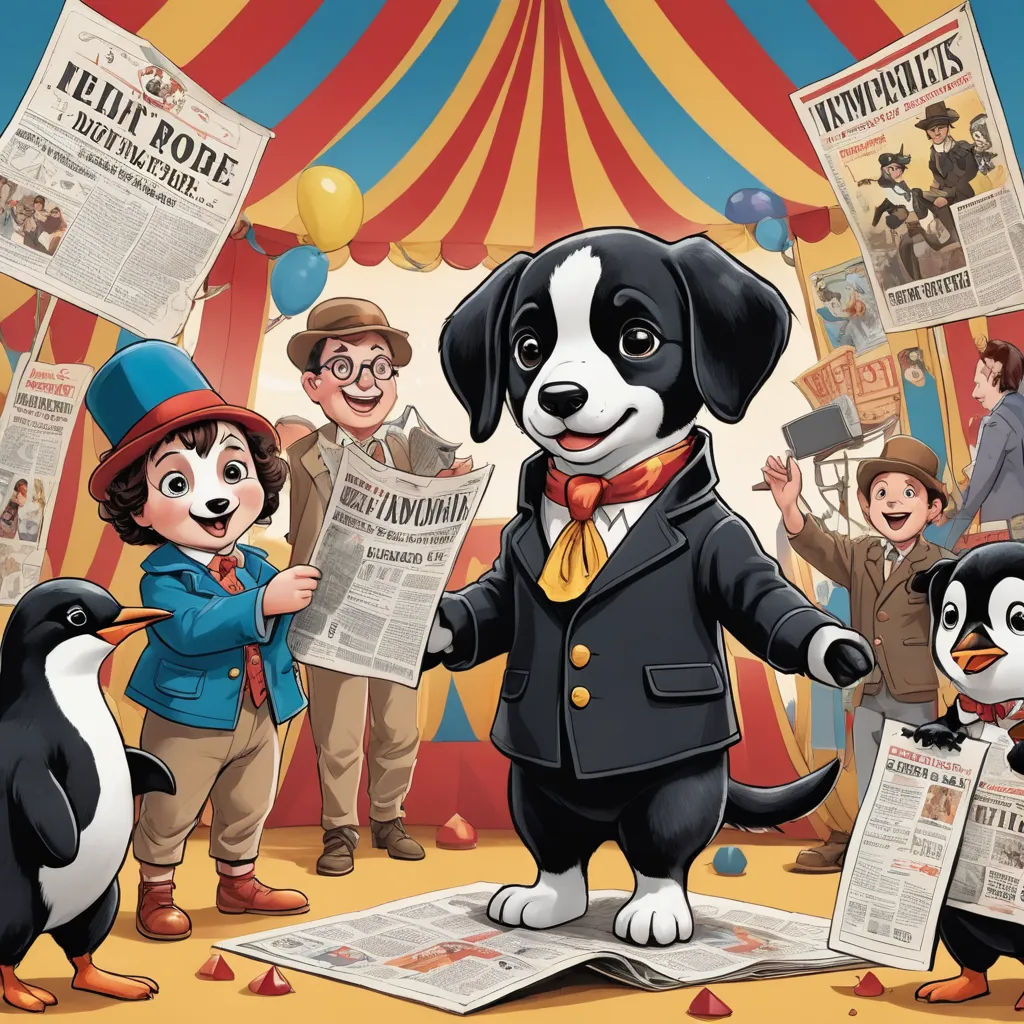 a cartoon dog is standing on a newspaper with a penguin and a penguinie in front of him and a circus tent, private press, a storybook illustration, Anson Maddocks, promotional image
