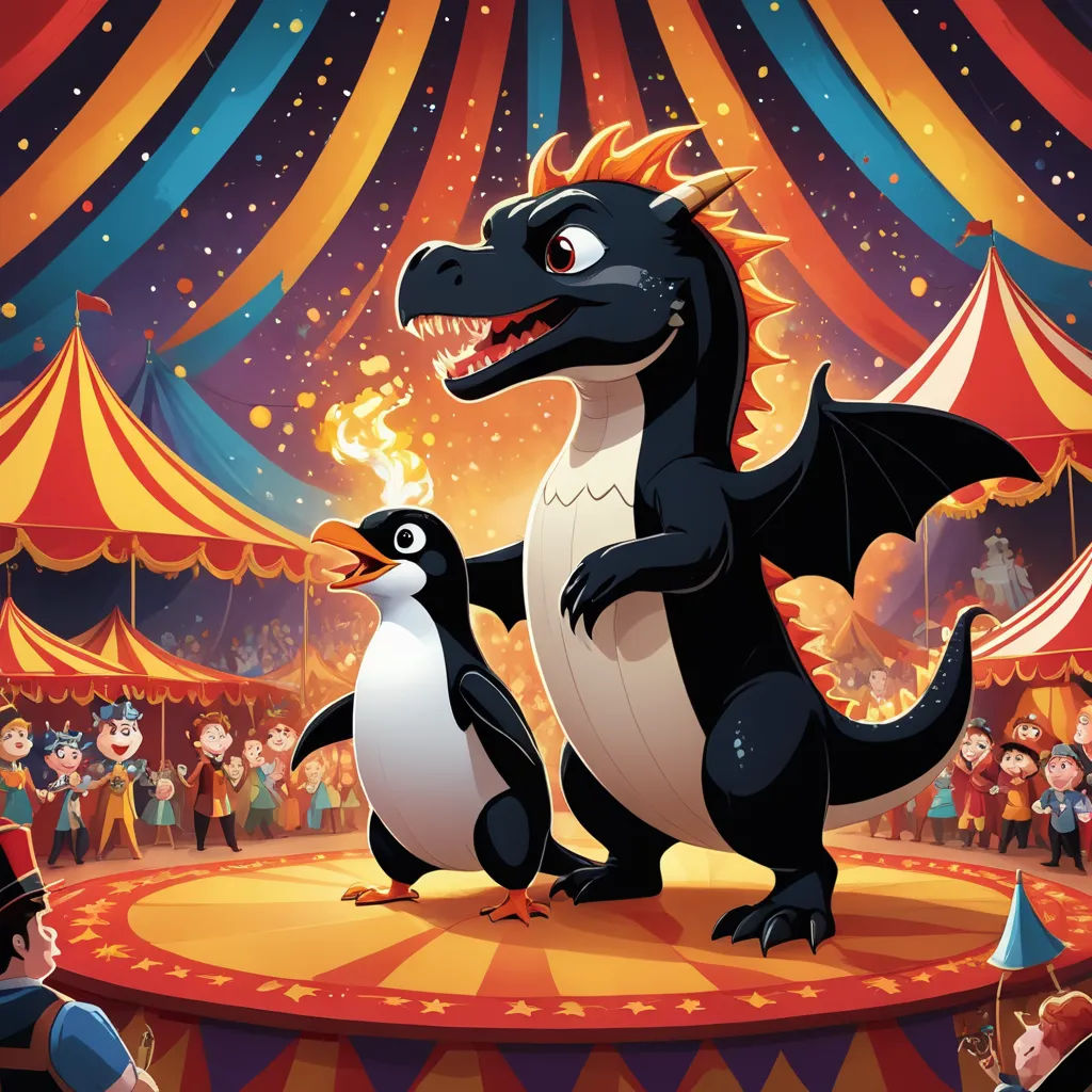 a dragon and penguin standing on a circus floor with a crowd of people watching them in the background and a circus tent with people in the background, fantasy art, a storybook illustration, Adam Rex, storybook illustration