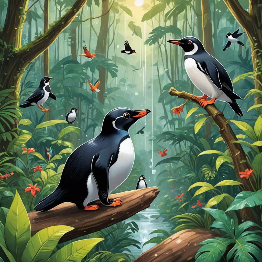 a painting of two penguins sitting on a branch in a forest with butterflies flying around them and a stream of water, environmental art, a storybook illustration, Chris LaBrooy, official art