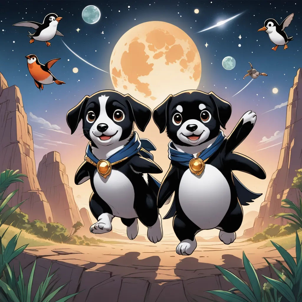 two black and white dogs standing on a desert area with a full moon in the background and birds flying around, space art, concept art, Felix-Kelly, key art