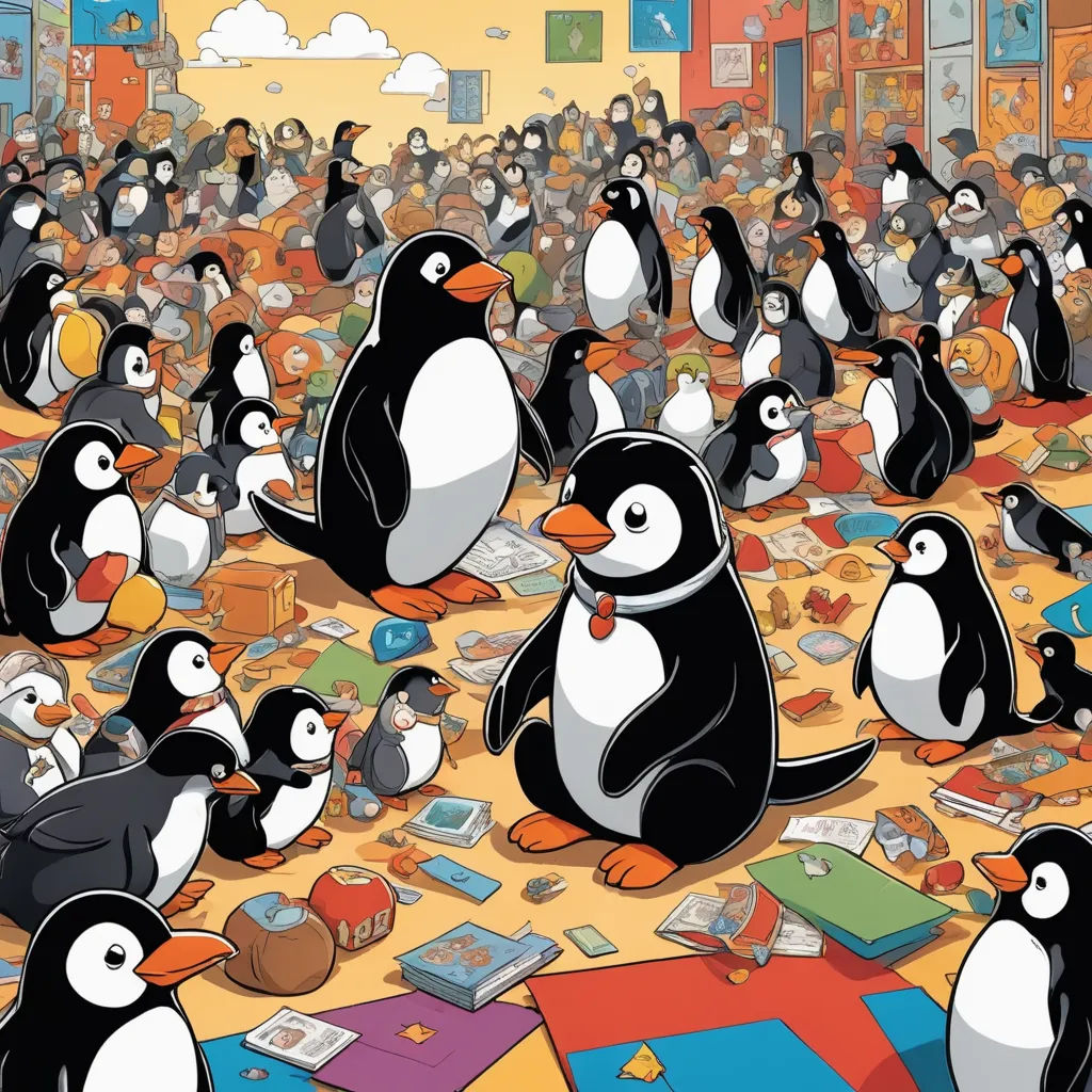 a group of penguins are standing in a room full of books and toys and a man is sitting on the floor, maximalism, a storybook illustration, Chris LaBrooy, official art