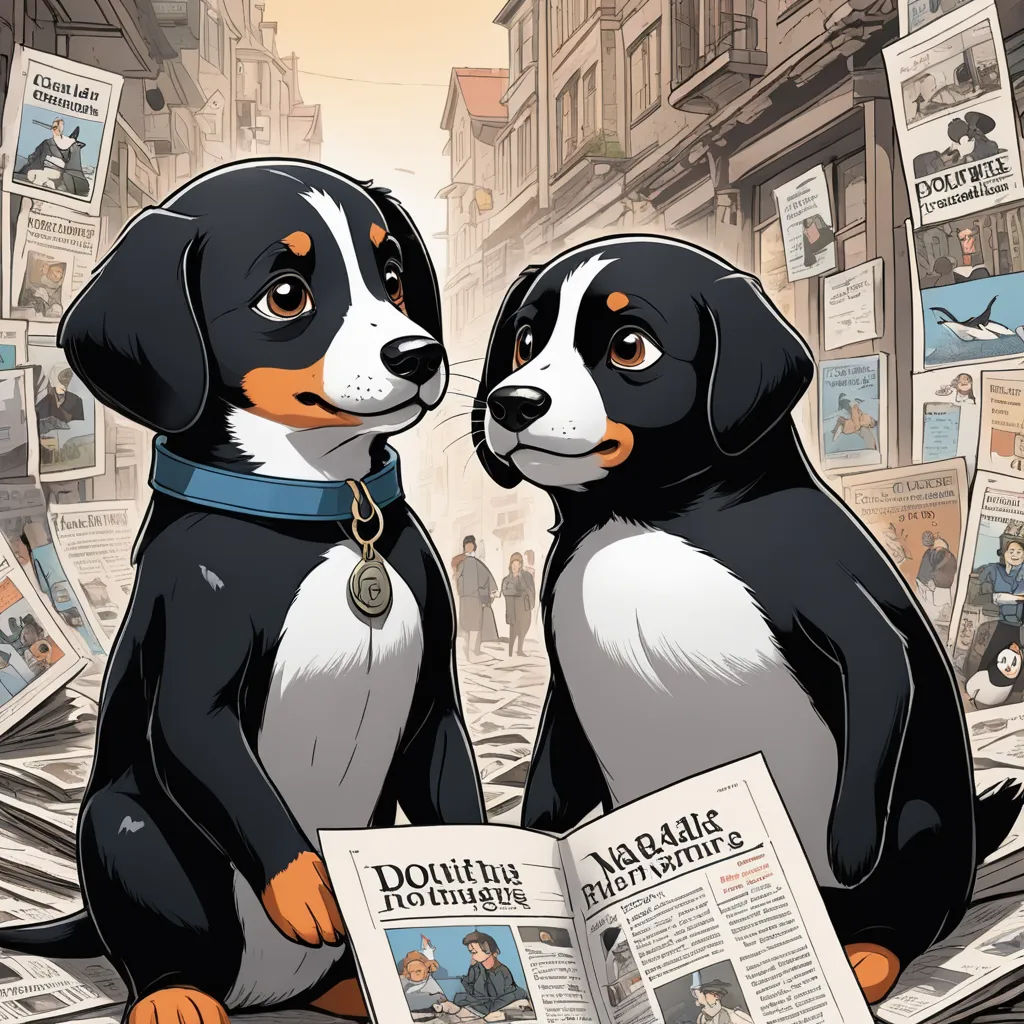 two dogs sitting on a pile of newspapers with a newspaper in front of them and a newspaper in the background, private press, a storybook illustration, Florence Engelbach, comic cover art