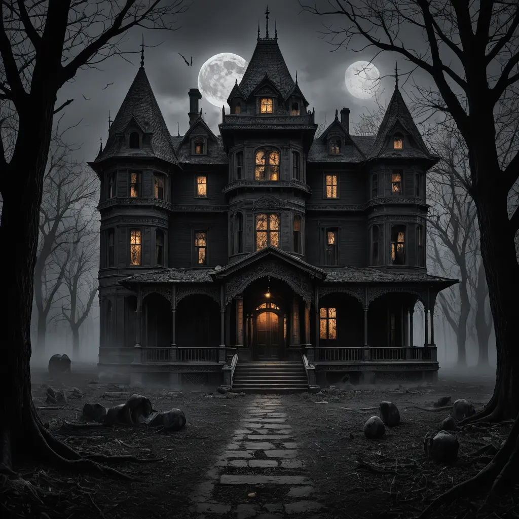 a creepy house with a full moon in the background and a creepy pathway leading to it with a person standing in the doorway, gothic art, a detailed matte painting, Dirk Crabeth, gothic