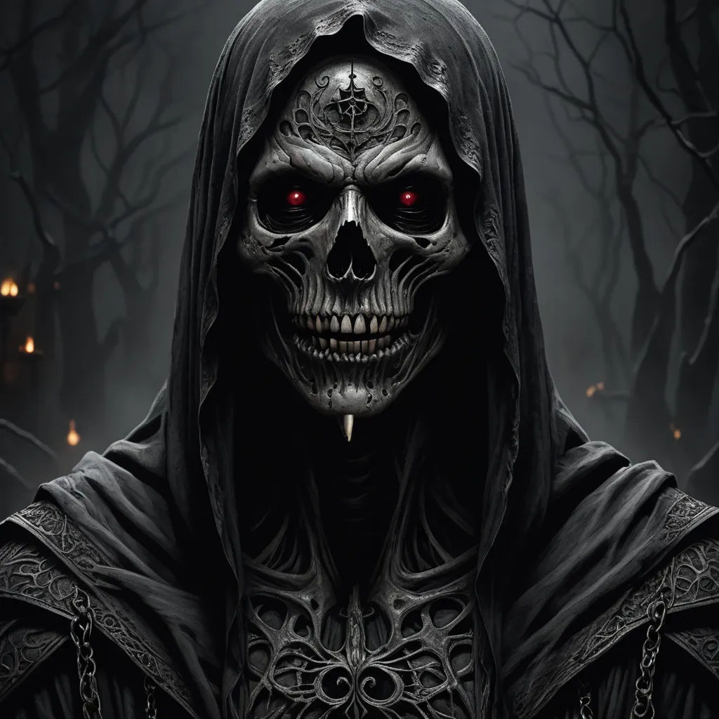 a skeleton with a hood and a red eye in a dark forest with trees and lights in the background, gothic art, a detailed painting, Anne Stokes, highly detailed digital painting