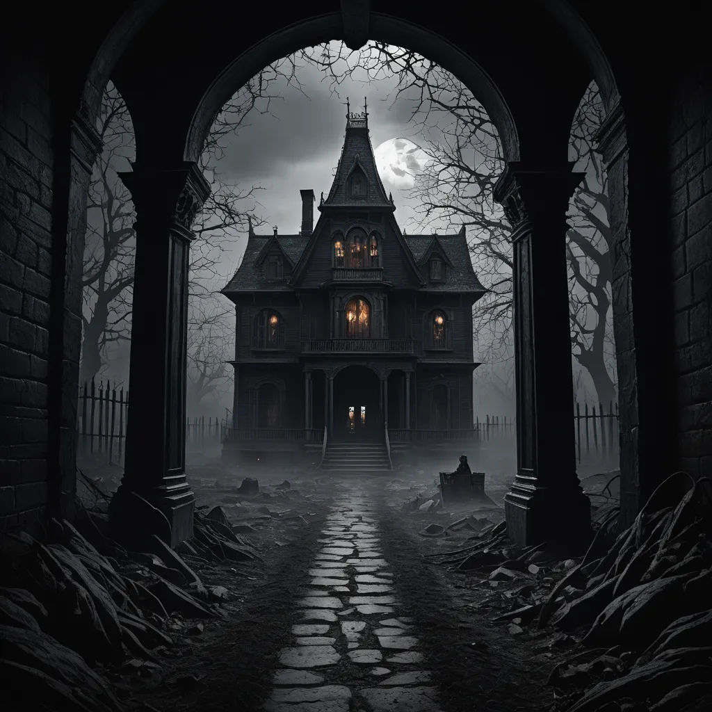 a creepy house with a creepy entrance and a creepy walkway leading to it at night time with a full moon in the sky, gothic art, a detailed matte painting, Dirk Crabeth, gothic