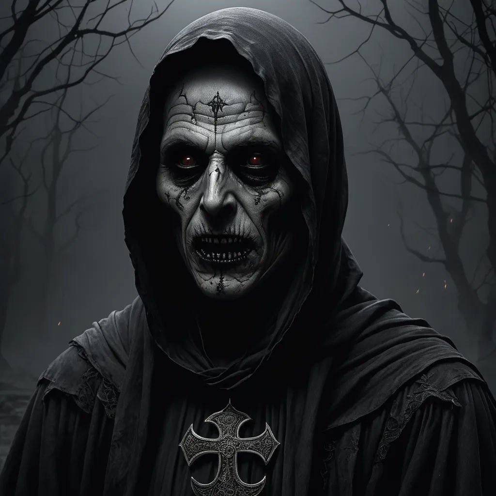 a man in a hooded outfit with a cross on his forehead and a hood on his head, in a dark forest, gothic art, a character portrait, Anne Stokes, dark art