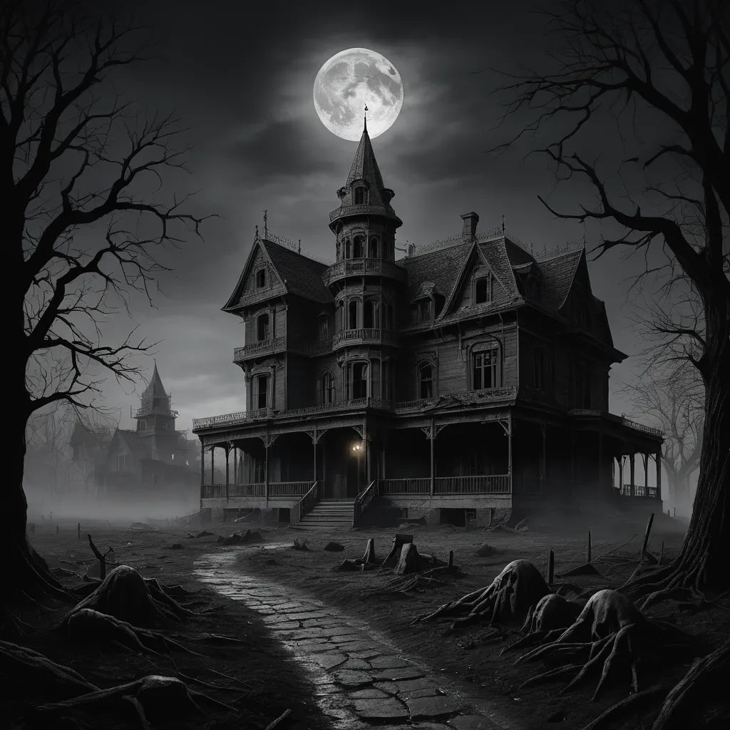 a creepy house with a full moon in the background and a path leading to it in the foreground, gothic art, a detailed matte painting, Dirk Crabeth, gothic