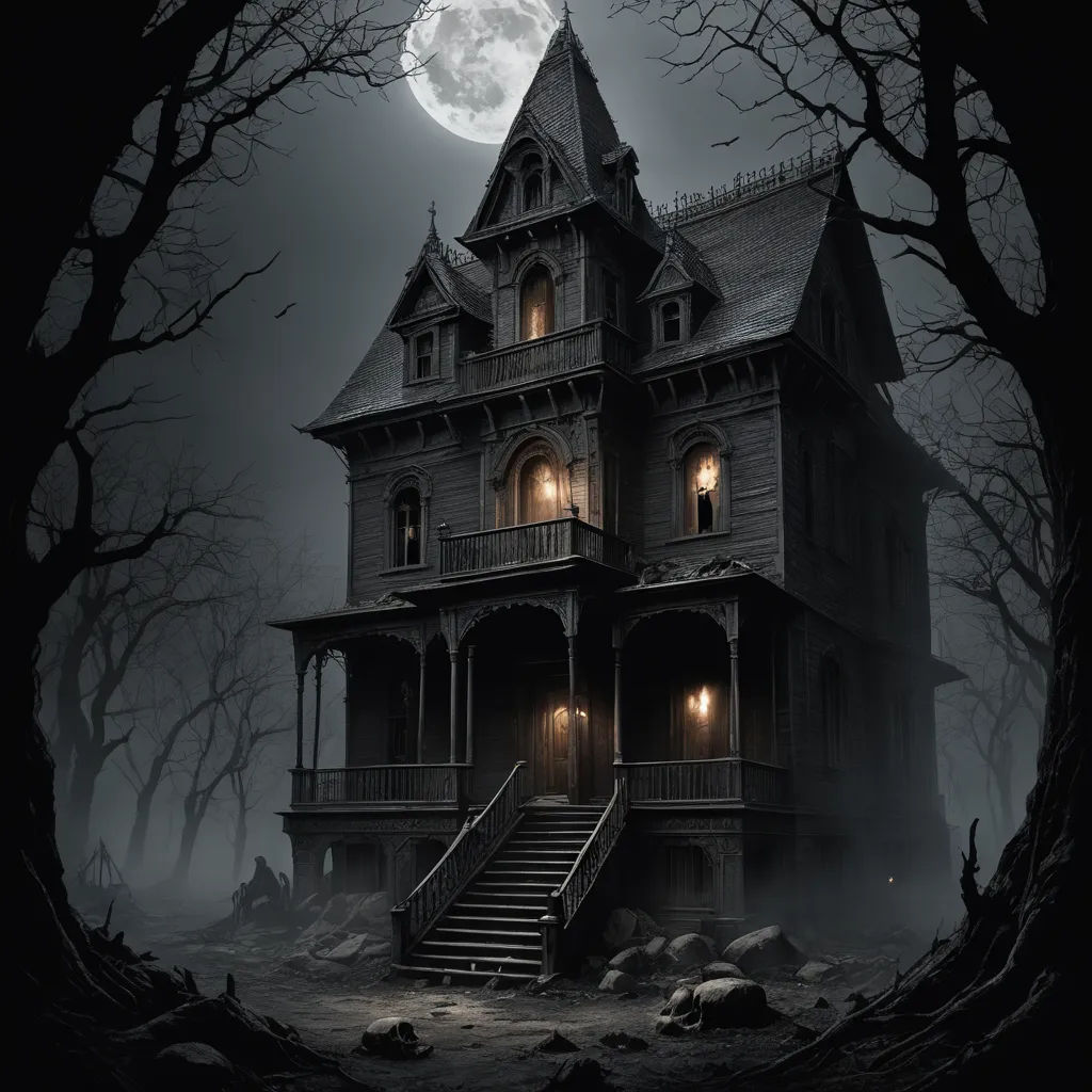 a creepy house with a full moon in the background and a staircase leading up to it's second story, gothic art, a detailed matte painting, Dirk Crabeth, gothic