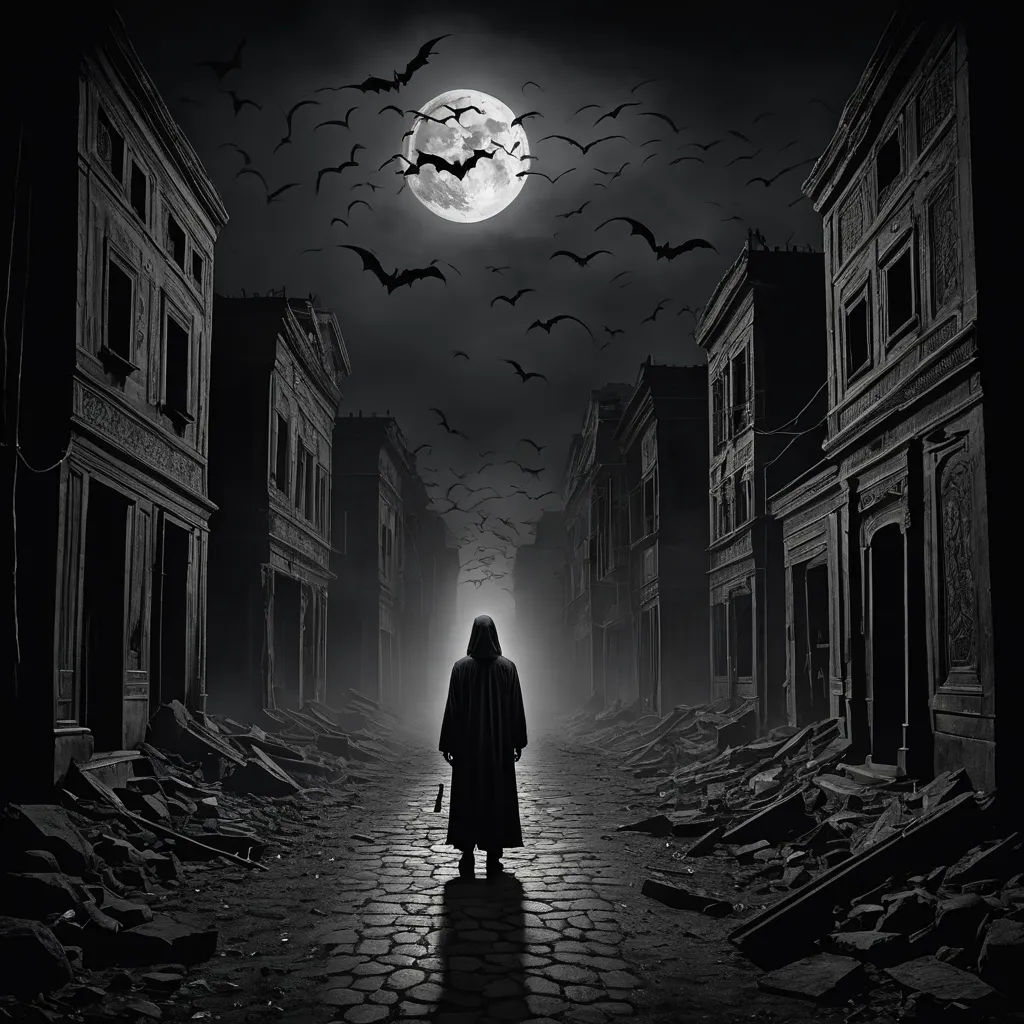 a person standing in a dark alley with bats flying overhead and a full moon in the sky above them, gothic art, a matte painting, Dirk Crabeth, dark fantasy art