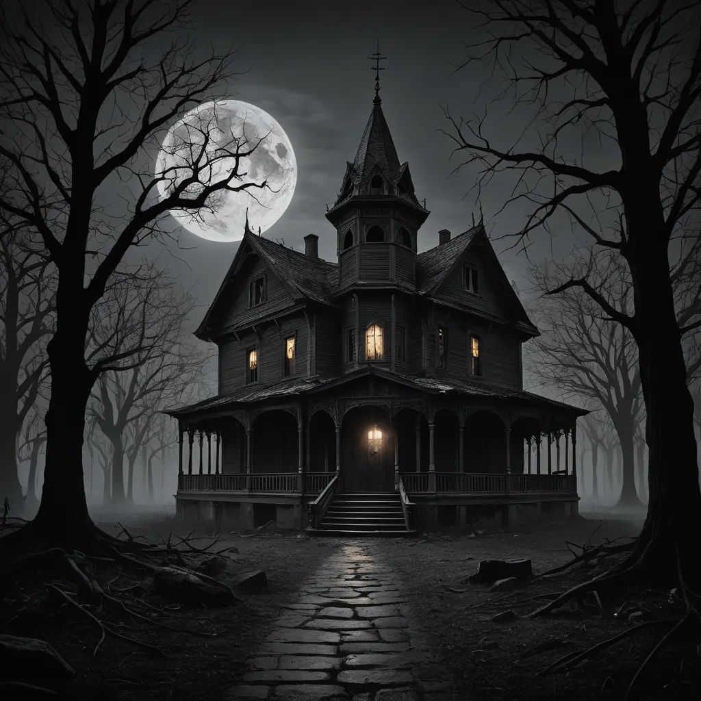 a creepy house with a full moon in the background and trees in the foreground, with a pathway leading to the front door, gothic art, a detailed matte painting, Dirk Crabeth, gothic