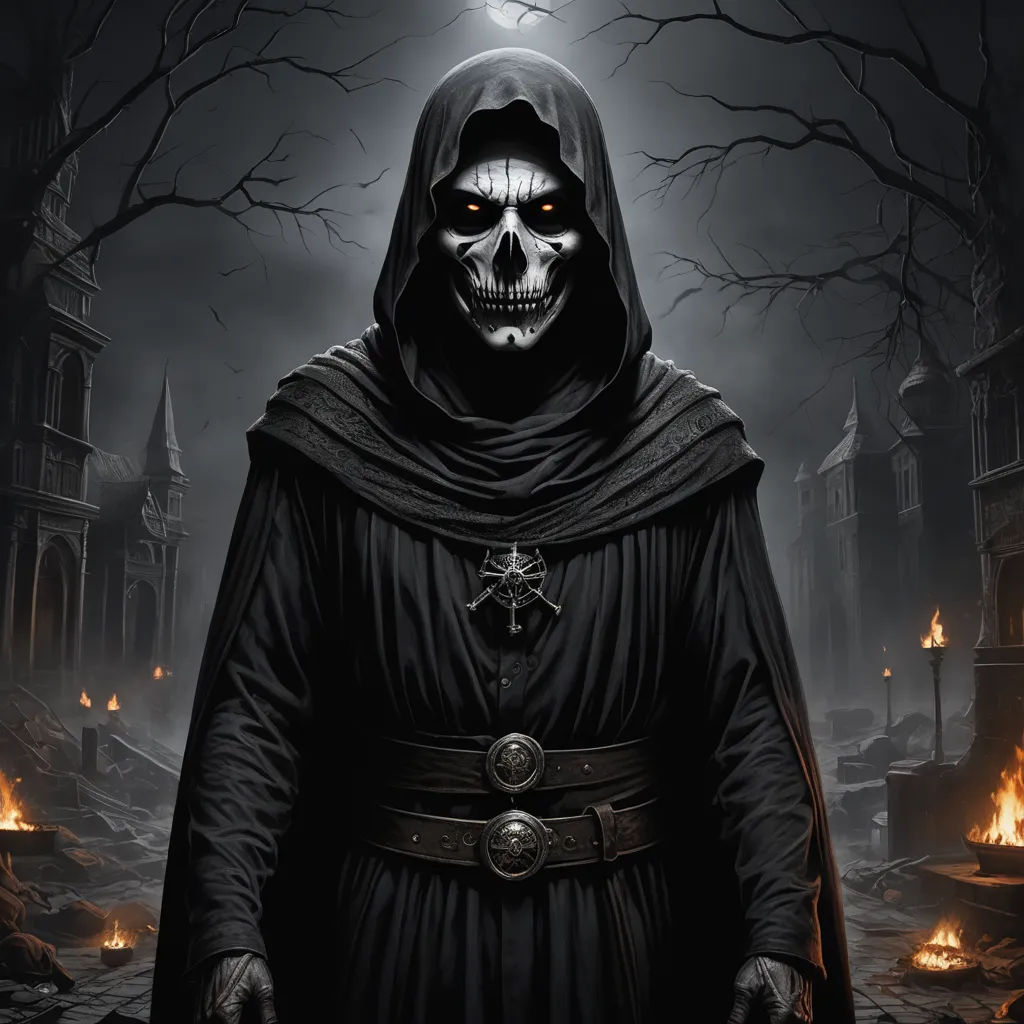 a skeleton in a hooded outfit standing in a cemetery at night with a full moon in the background and a full moon in the sky, gothic art, an ultrafine detailed painting, Anne Stokes, dark art