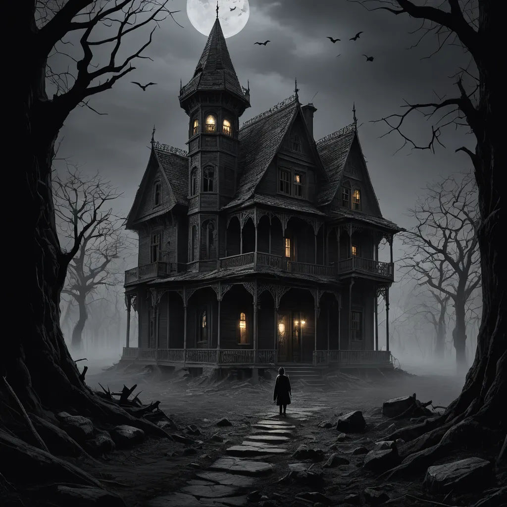 a creepy house with a person standing in front of it at night with a full moon in the sky, gothic art, a detailed matte painting, Dirk Crabeth, gothic