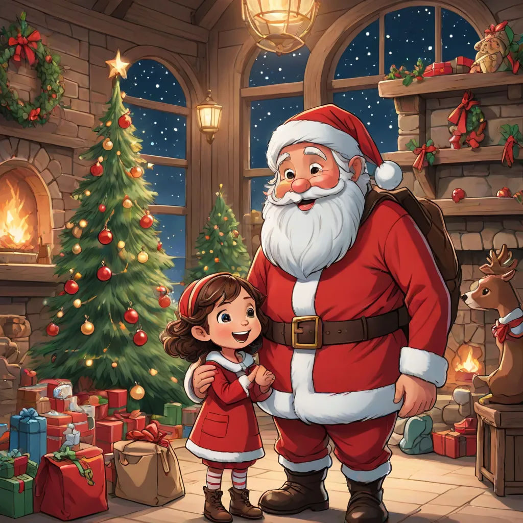 a cartoon santa and a little girl standing in front of a christmas tree with presents on it and a fireplace, a storybook illustration, Ernest William Christmas, naive art, storybook illustration