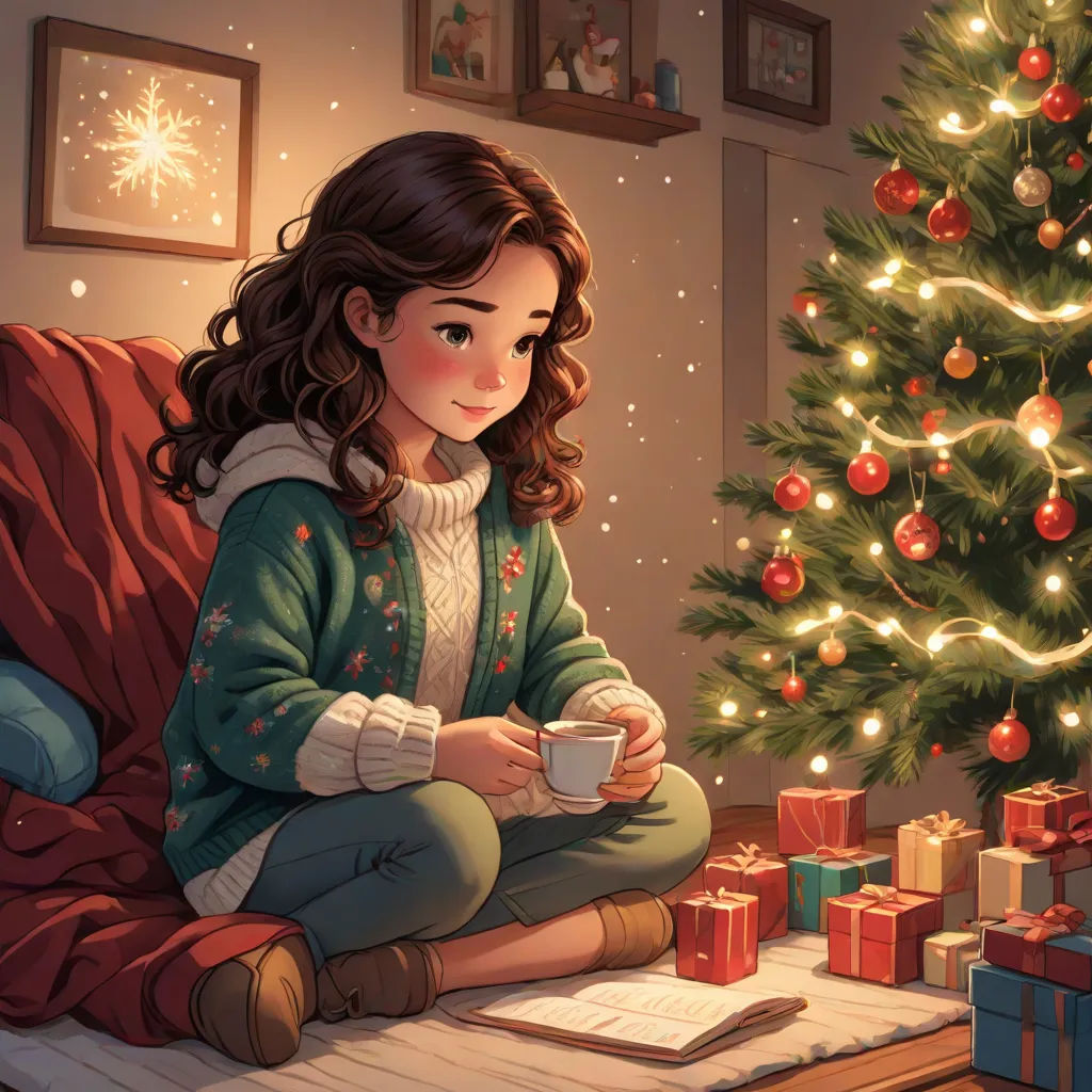 a little girl sitting on a couch next to a christmas tree holding a cup of coffee and looking at a book, a storybook illustration, Evgeny Lushpin, fantasy art, storybook illustration