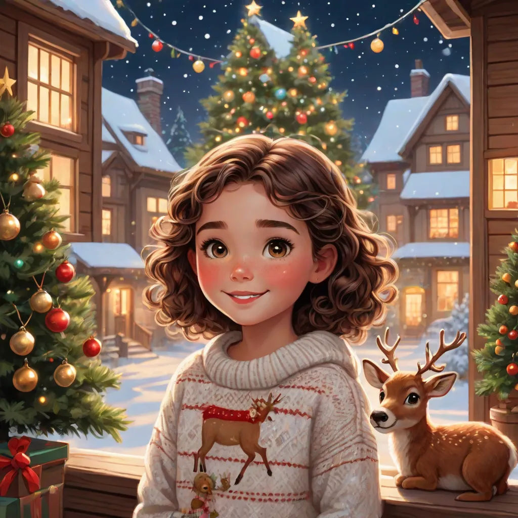 a girl in a sweater standing next to a christmas tree and a deer in front of a window with a christmas tree, a storybook illustration, Cliff Childs, naive art, kinkade