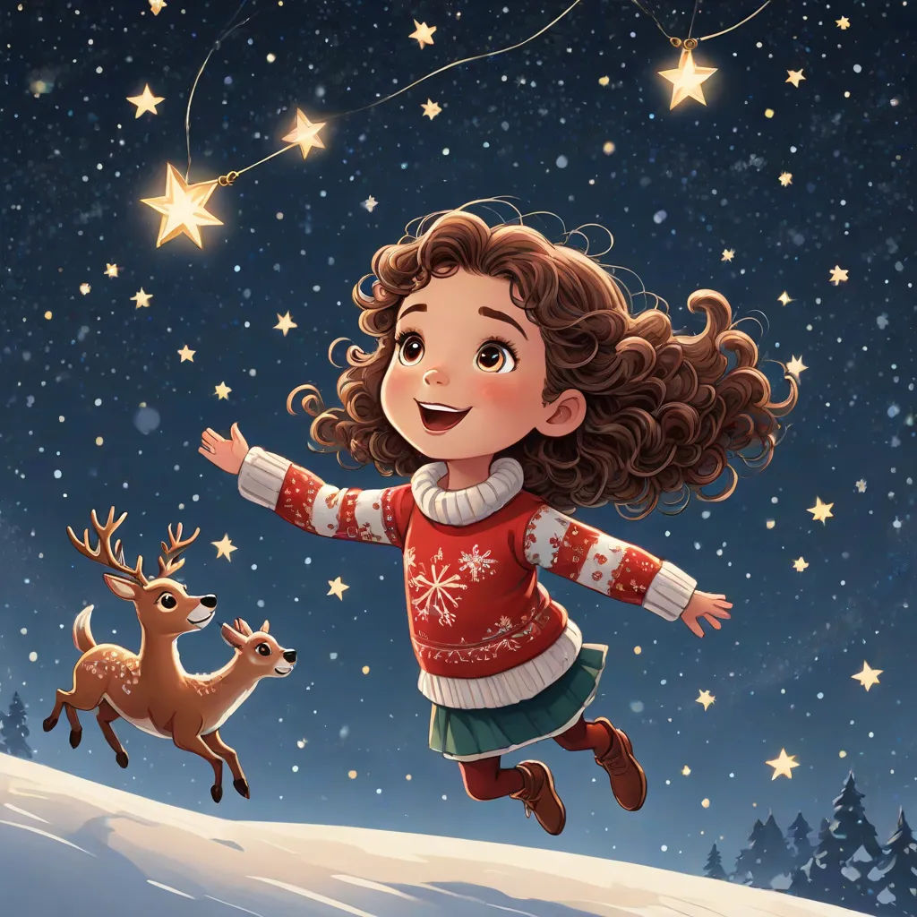 a girl in a red sweater is flying through the air with a deer in front of her and stars in the sky, a storybook illustration, Cliff Childs, space art, stars