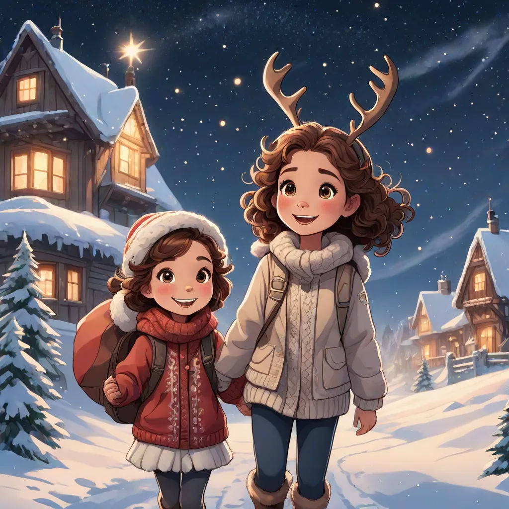 a girl and a girl walking in the snow with a deer's head on her shoulders and a house in the background, a storybook illustration, Cliff Childs, naive art, official art