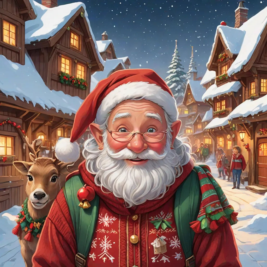 a santa claus is standing in front of a snowy village with a deer and a house with lights on, a digital rendering, Ernest William Christmas, naive art, kinkade