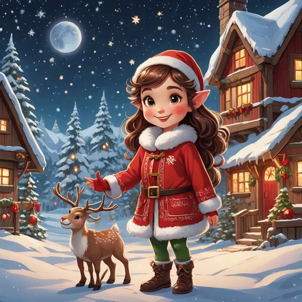 a girl in a santa suit standing next to a reindeer in a snowy village at night with a full moon, a storybook illustration, Anne Stokes, naive art, kinkade