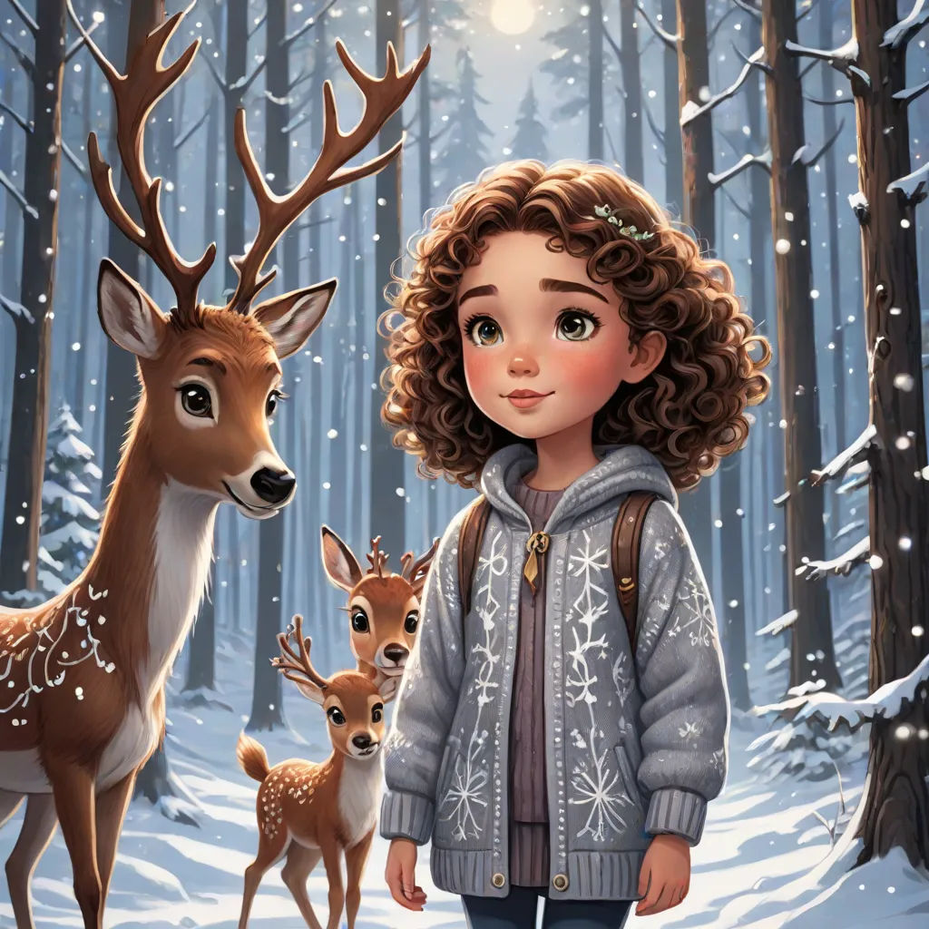 a little girl standing next to a deer in the snow with a light shining on her face and a deer behind her, a storybook illustration, Carol Sutton, magical realism, storybook illustration
