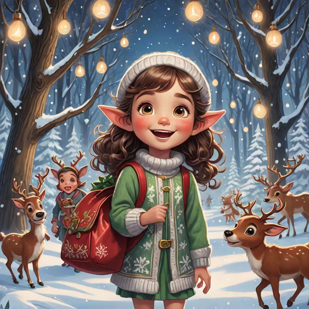 a painting of a girl with a bag and deer in the background with lights on the trees and snow, a storybook illustration, Cliff Childs, fantasy art, kinkade